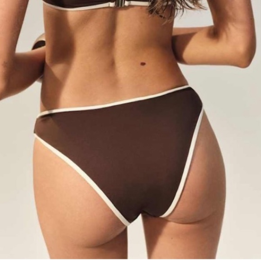 Reformation Douro Bikini Bottom Brown with White Piping - Size Medium
